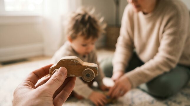 Close up of hand holding a wooden toy car during playtime with toddler at home. Early childhood development concept for sustainable parenting.