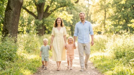 Fototapeta premium Happy family of four walking along a forest trail on a sunny day. Healthy lifestyle and summer outdoor activities.