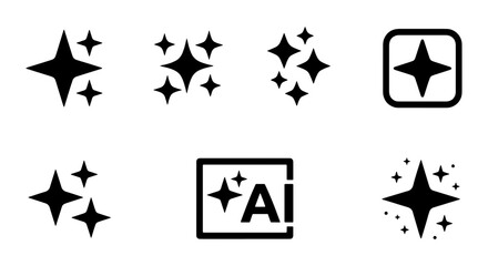 Sparkle star icon set with AI generation symbols, black magic twinkle vector elements, minimalist shining glitter effect for artificial intelligence © Sharmin