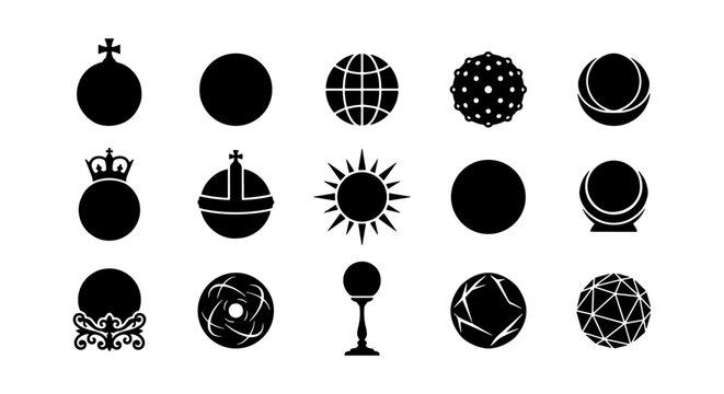 Minimalist black sphere icons set, 15 abstract circular vector symbols, geometric globe and celestial orb silhouettes for logo design and branding