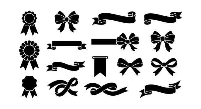 Vintage black ribbon and bow vector set, decorative award rosettes and banner silhouettes, 15 elegant gift wrapping and celebration elements