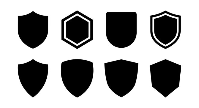 Minimalist shield icons set, black security badges and heraldic crest silhouettes, 8 vector protection symbols for logo design and web safety