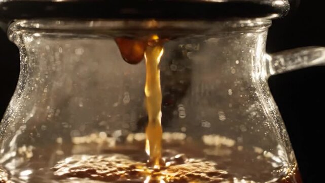 Close-up of coffee dripping into a glass pot, showing the brewing process in detail.