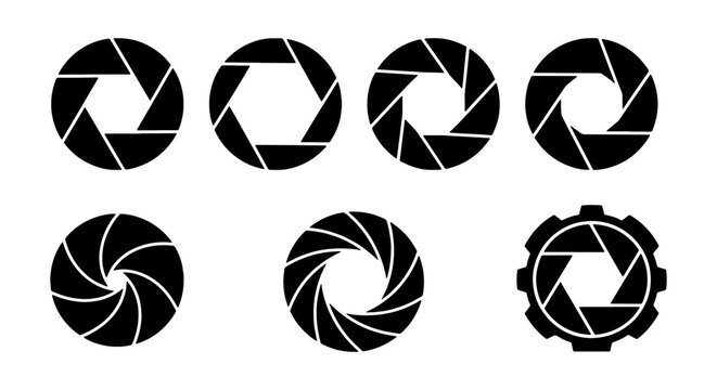 Camera shutter aperture icon set, black lens diaphragm vector symbols, 7 photography shutter speed elements for logo design and ui