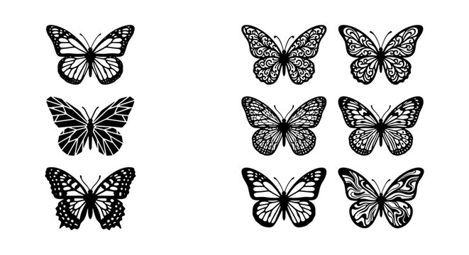 Black butterfly silhouettes set, 9 decorative insect vector icons, elegant butterfly wing patterns for laser cutting and vinyl decals