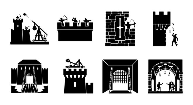 Medieval castle siege icons, 8 black vector silhouettes of fortress defense and warfare, ancient battle scenes with trebuchet and archers