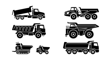 Heavy construction dump truck icons, set of 6 industrial tipper vehicle silhouettes, mining and quarry machinery vector illustrations for logistics © Sharmin