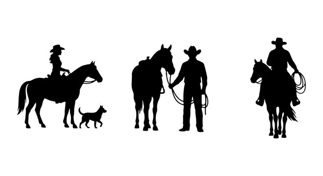 Western cowboy silhouette set, horse rider and rancher black vector icons, wild west equestrian figures with lasso and dog on white background