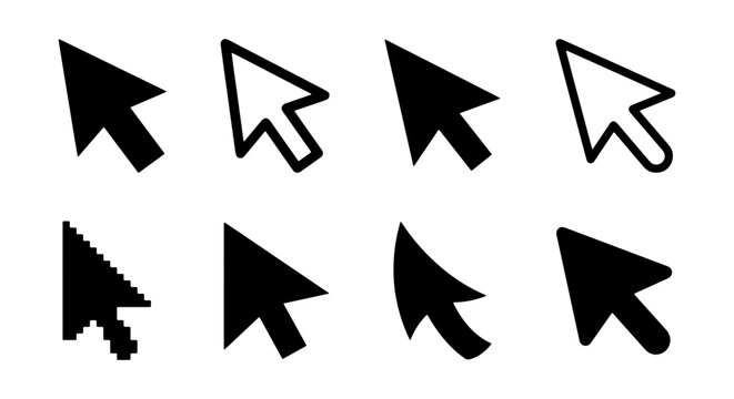 Computer mouse cursor icon set, black and white arrow pointer collection, 8 digital interface navigation symbols, pixelated and smooth vector graphics