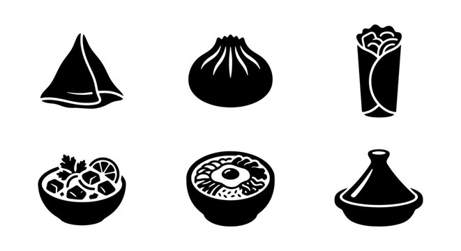 Global cuisine food icons set, black solid vector silhouettes of samosa, dumpling, shawarma, curry bowl, bibimbap, and tagine, international street food graphics