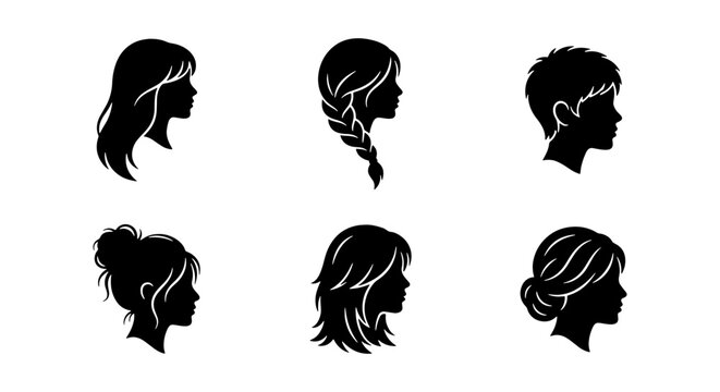 Minimalist female hair silhouette set, collection of 6 woman hairstyle profile icons, black vector head shapes for beauty salon branding and fashion design