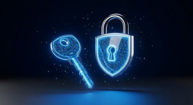 Futuristic digital key and lock with glowing blue particles