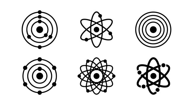 Minimalist atom icon set, 6 scientific atomic structure symbols, black line vector illustrations of molecular orbits and nucleus for physics education