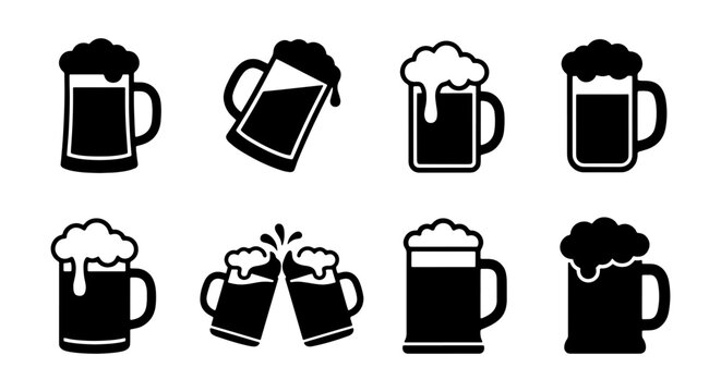 Minimalist beer mug icons set, black silhouette ale glass collection, 8 vector brewery symbols with foam, pub and bar menu graphic elements