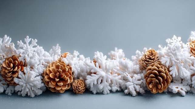 Winter Decor with Snowy Pine Cones and Frosty Snowflakes on Gray Background Ideal for Seasonal Celebrations and Holiday Themes