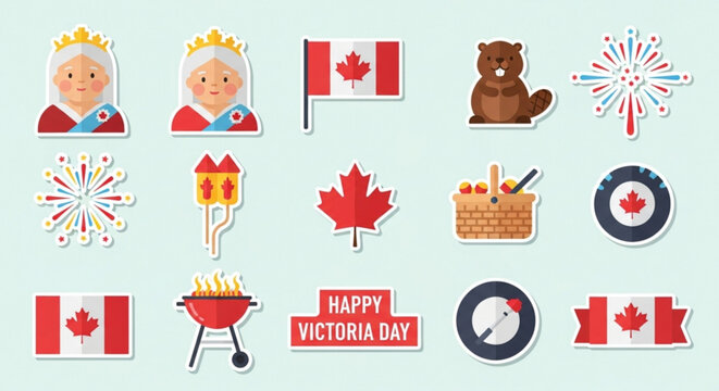 Canadian victoria day celebration icons with flags fireworks and symbols on light background