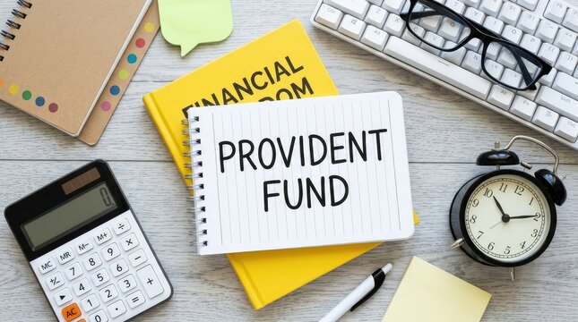 A provident fund notebook with calculator and financial books on a wooden office desk