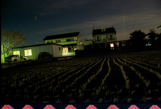 Residential Houses and Rice Field at Night in Ashikaga, Japan