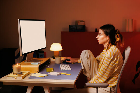 Woman mockup with white screen in home office