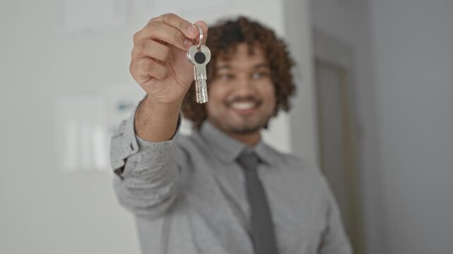 Man in business shirt and tie smiling, holding key with hand extended toward camera inside a building interior; new home joy.
