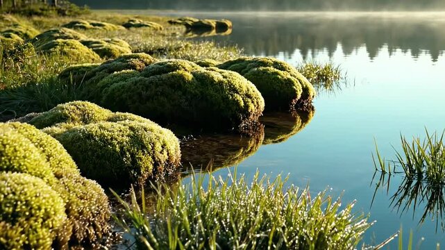 Dewy moss hummocks and tufted grasses beside mirror smooth water in early light, textural lakeside macro landscape revealing peaceful lake surrounded nature with pristine morning freshness