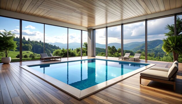 Luxurious indoor swimming pool with panoramic windows offering views of lush green mountains and sunny skies