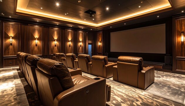 Luxurious home theater with leather recliners, wood paneling, recessed lighting, and a large screen. A private cinema experience is created