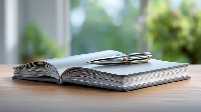Elegant open notebook with blank pages and a silver pen resting on a wooden table with a blurred green background showcasing nature's tranquility