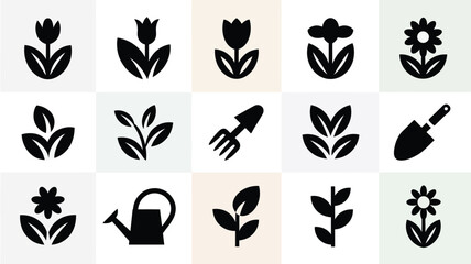 Black and white vector icons of gardening tools and flowers on a gradient background featuring watering cans shovels and sprouting plants © Tuli