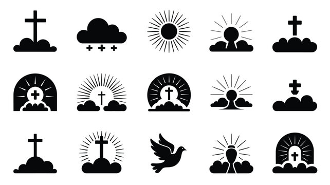Black and white silhouette icons symbolizing ascension day featuring crosses clouds rays and dove in minimalist style