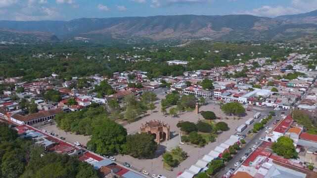 Aerial drone view of Chiapa de Corzo main square and town center. Chiapas, Mexico.