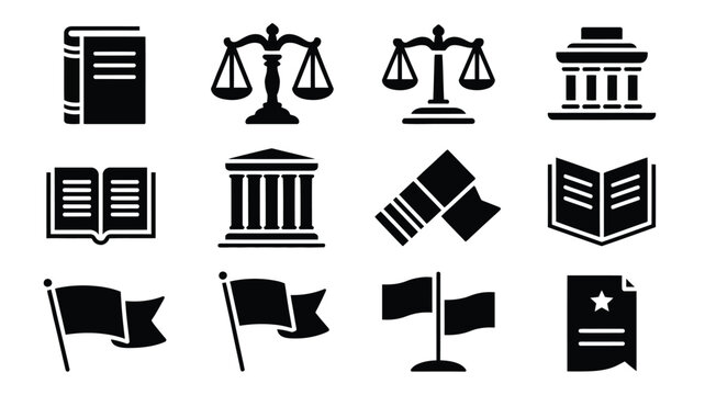 Black silhouettes of symbols including books scales flags and buildings representing justice law and government