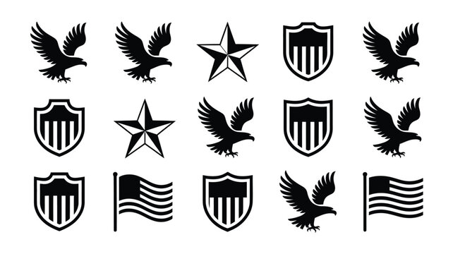 Bold vector illustration of patriotic symbols including eagles stars shields and flags on clean background