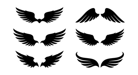 Fototapeta premium Black wing silhouettes, 6 eagle wing vector icons, heraldic bird wing logo set