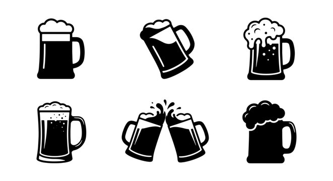 Minimalist beer mug icons, black and white brewery vector set, 6 foaming ale glass signs