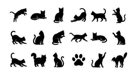 Black cat silhouette set, 17 feline animal icons, kitten paw print vector collection © Tahmina