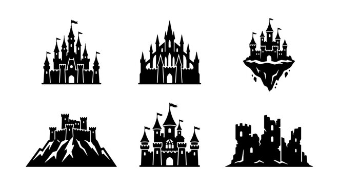 Medieval castle silhouette icons, 6 fantasy fortress vector set, royal palace logos