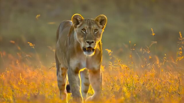 lioness walking directly toward camera through sunlit grass, warm golden light highlighting fur and movement, capturing predator focus, African wildlife, and natural savanna environment