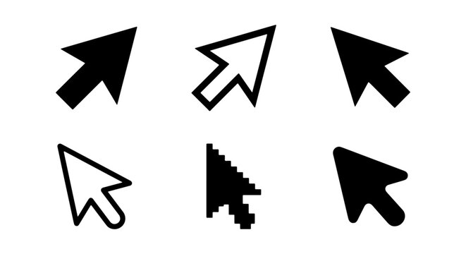 Computer mouse cursor icons, black arrow pointer set, digital pixel clicker vectors