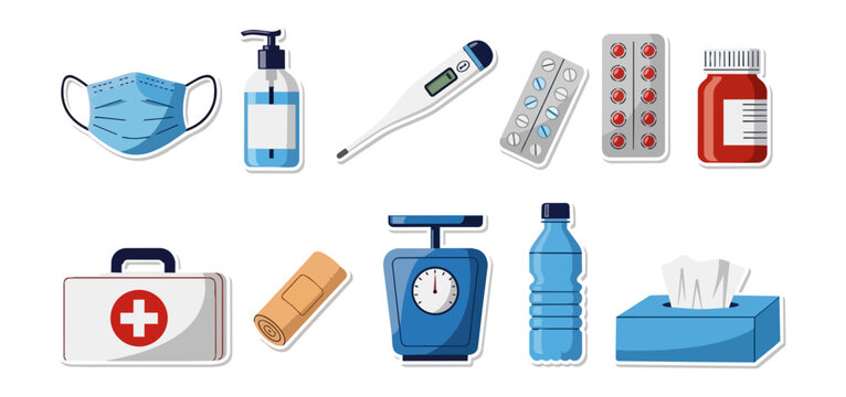 Medical supplies and equipment illustration isolated on black