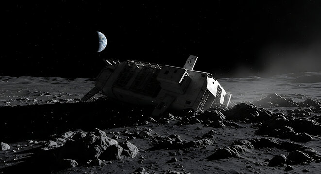 crashed spaceship wreckage on a desolate moon surface with earth visible in the vast dark sky symbolizing space mission failure