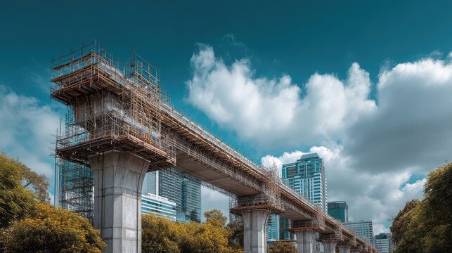 Construction of Urban Elevated Bridge with Scaffolding Under a Blue Sky Surrounded by Modern Buildings and Greenery in a Cityscape Setting