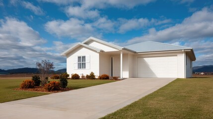 Fototapeta premium Modern single-story home with manicured lawn and clear blue sky, showcasing elegant architecture and inviting entrance in a tranquil suburban setting