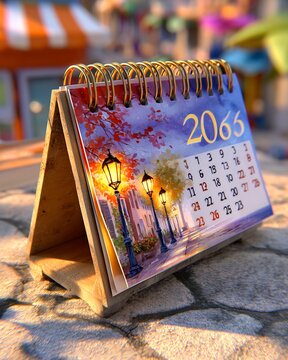 Desk Calendar on Stone Surface with Blurred Background