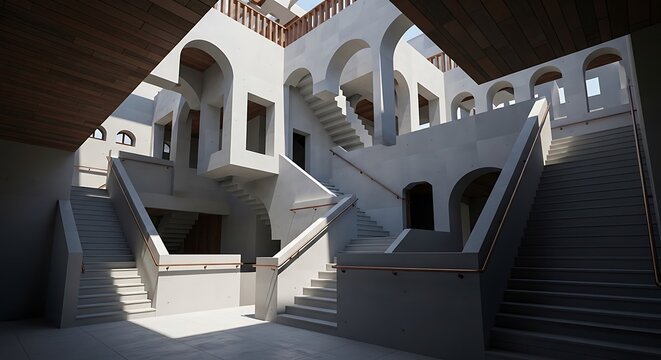 Modern architectural structure featuring complex staircases, concrete arches, geometric levels and minimalist design elements within a contemporary white stone building