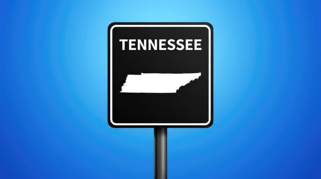 Tennessee state welcome sign featuring its map and name against a blue gradient