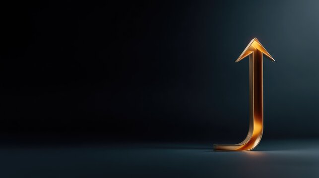 Glowing metallic arrow pointing upwards against a dark gradient background symbolizing success, growth, and progress in a modern business or technology context