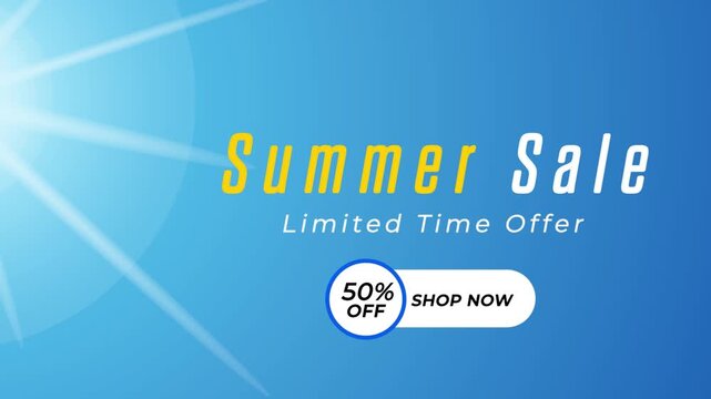 Summer Sale Limited Time Offer Animation Blue Background with Sun Rays Discount Promo Banner