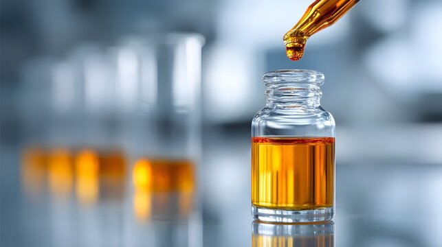 Close-Up of Dropper Releasing Liquid into Glass Vial in Laboratory
