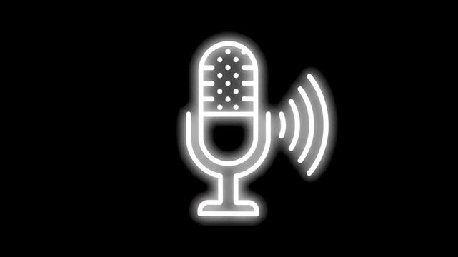 Neon microphone icon with sound waves glowing retro symbol for podcasting and broadcasting.
